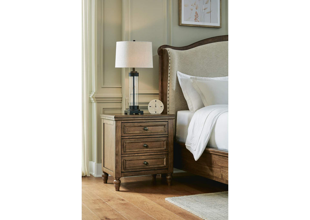 Sturlayne King Upholstered Panel Bed, Dresser, Mirror, Chest and Nightstand