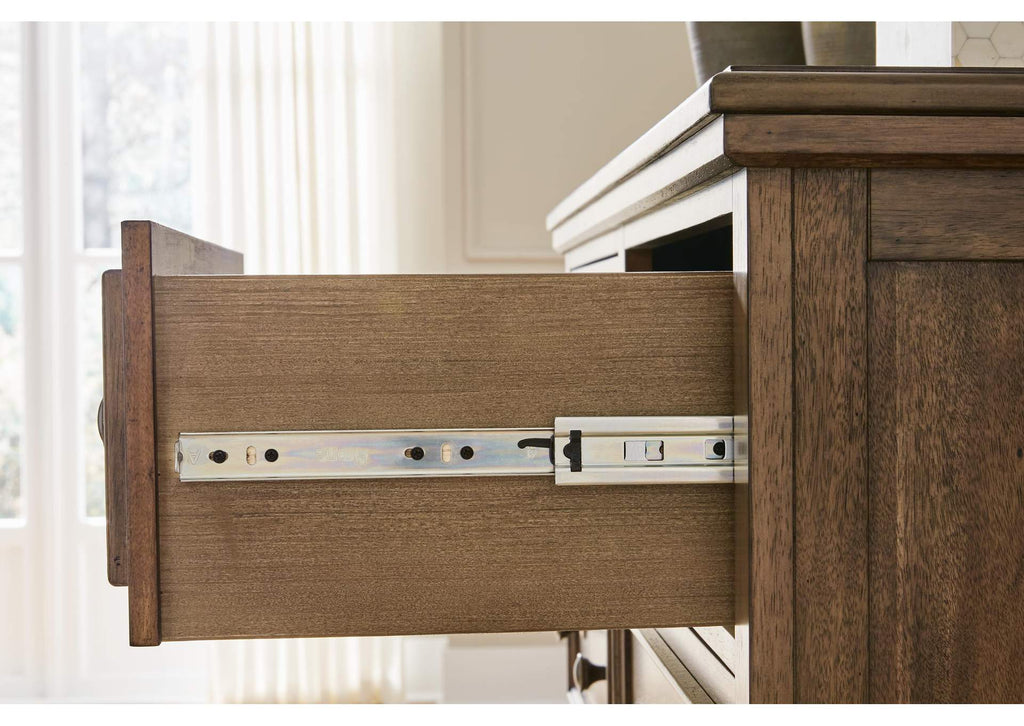 Sturlayne King Upholstered Panel Bed, Dresser and Mirror detail