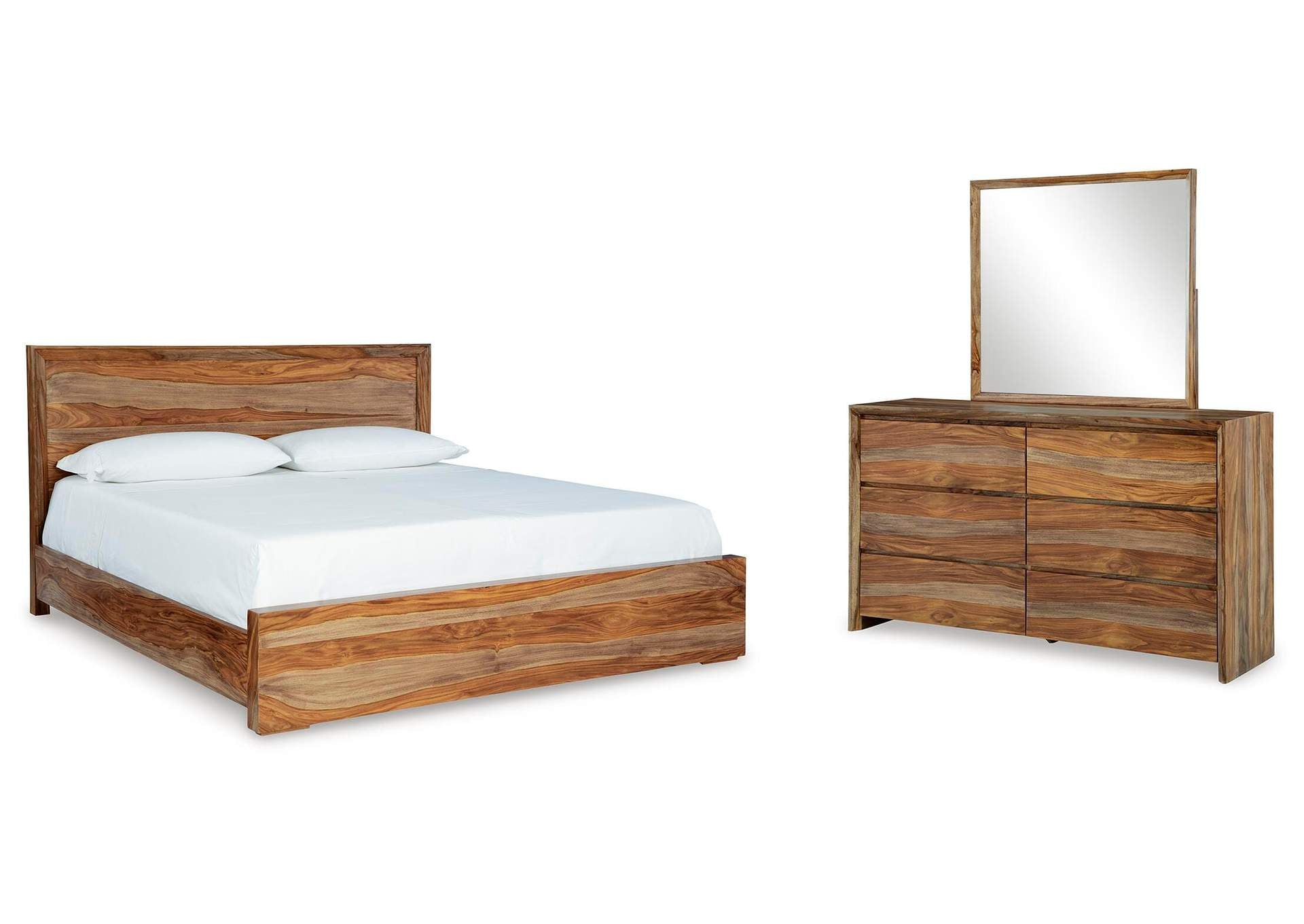 Dressonni King Panel Bed with Mirrored Dresser
