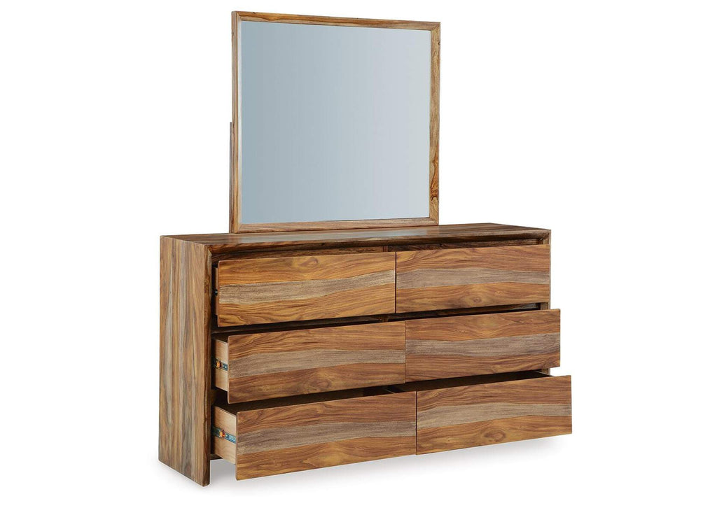 Dressonni California King Panel Bed with Mirrored Dresser angled view