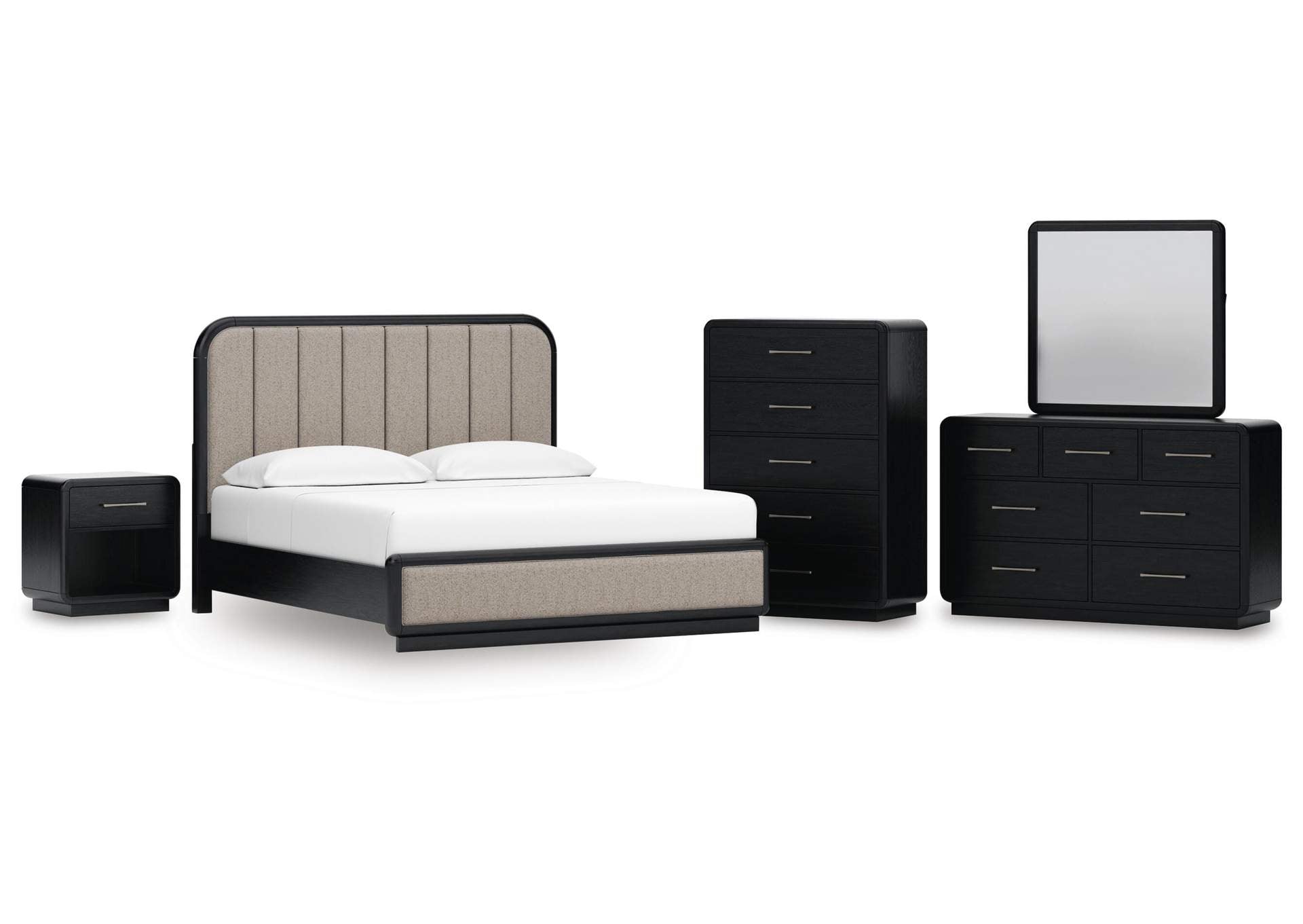 Rowanbeck King Panel Bed, Dresser, Mirror, Chest and Nightstand
