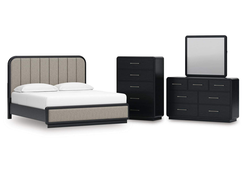 Rowanbeck King Upholstered Panel Bed, Dresser, Mirror and Chest
