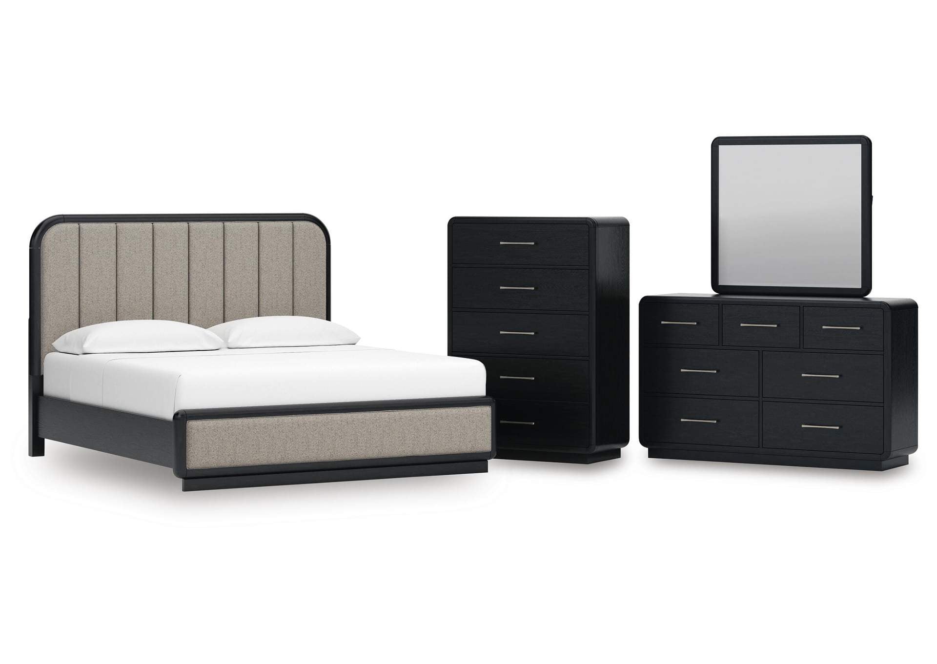 Rowanbeck King Upholstered Panel Bed, Dresser, Mirror and Chest