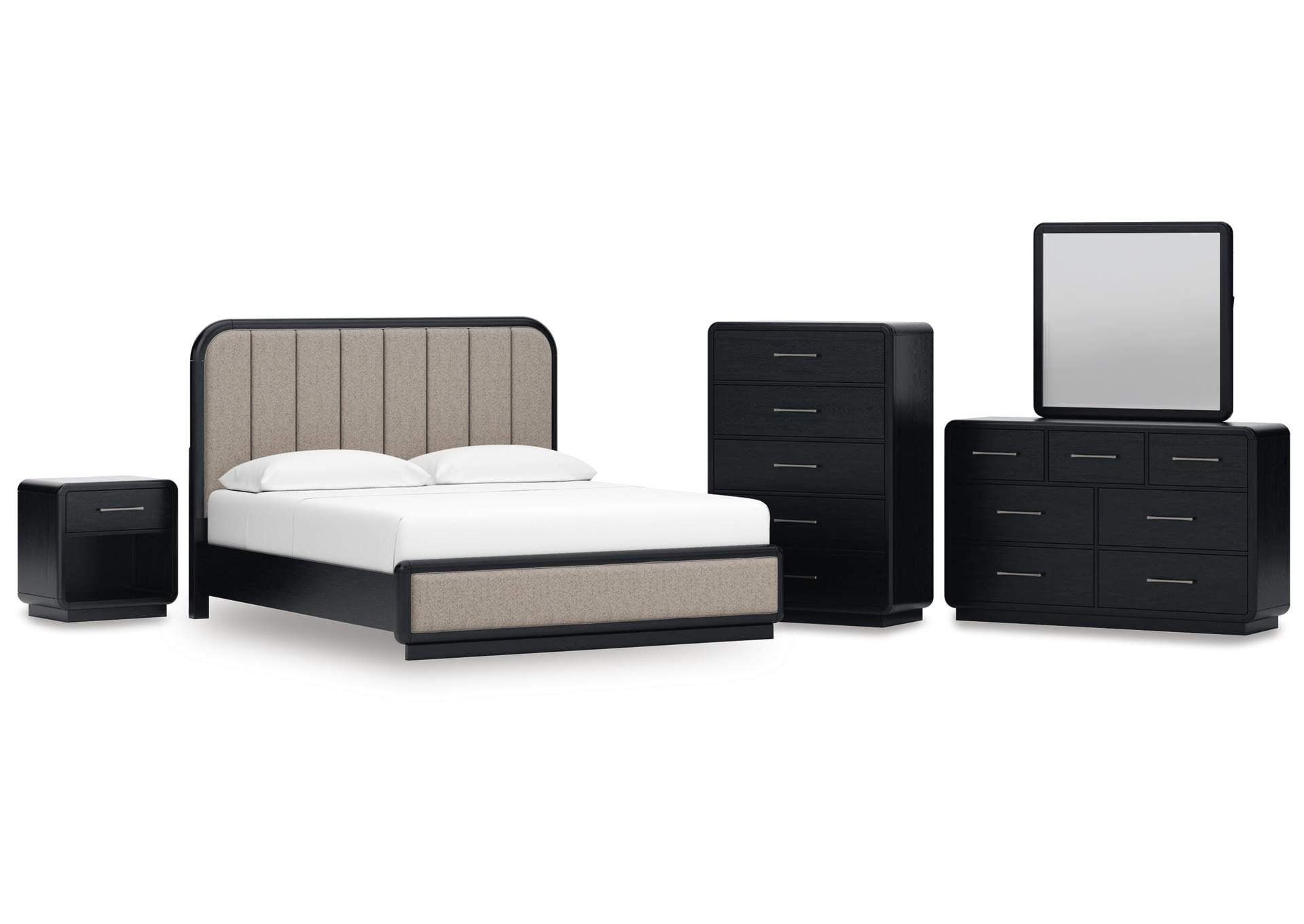 Rowanbeck California King Upholstered Panel Bed, Dresser, Mirror, Chest and Nightstand