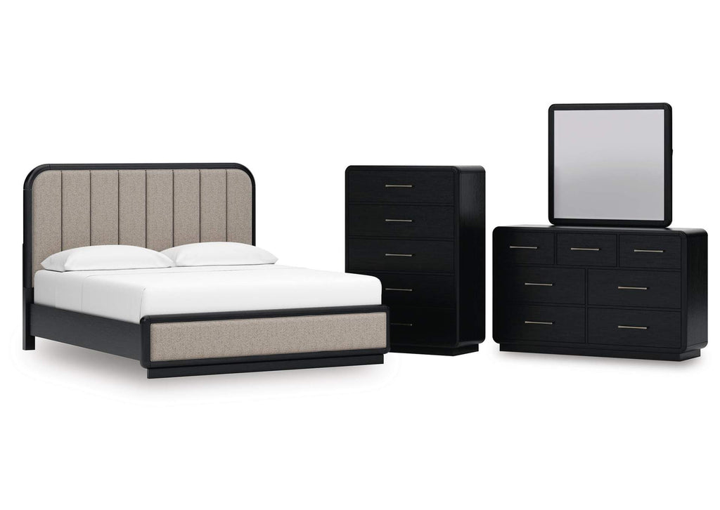 Rowanbeck California King Upholstered Panel Bed, Dresser, Mirror and Chest