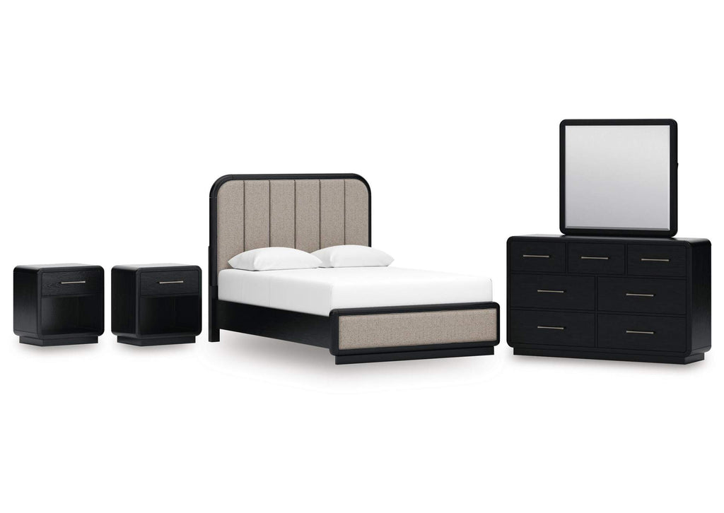 Rowanbeck Queen Upholstered Panel Bed, Dresser, Mirror and 2 Nightstands
