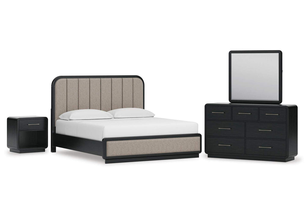 Rowanbeck King Upholstered Panel Bed, Dresser, Mirror and Nightstand