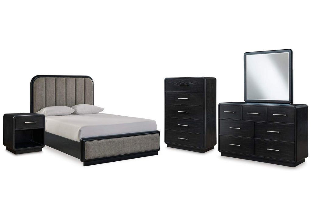 Rowanbeck Queen Upholstered Panel Bed with Mirrored Dresser, Chest and Nightstand
