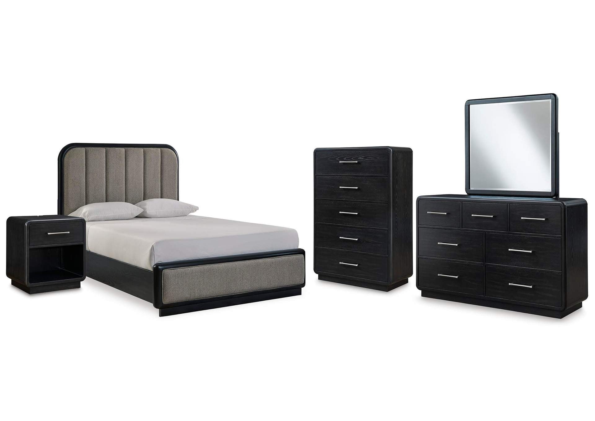 Rowanbeck Queen Upholstered Panel Bed with Mirrored Dresser, Chest and Nightstand