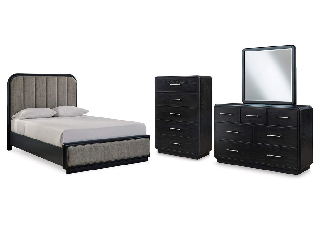Rowanbeck Queen Upholstered Panel Bed with Mirrored Dresser and Chest