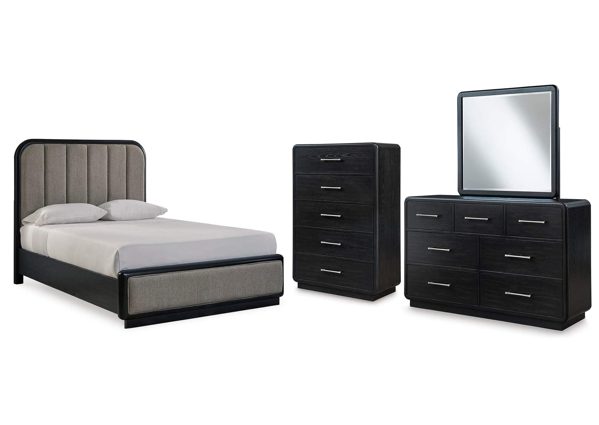 Rowanbeck Queen Upholstered Panel Bed with Mirrored Dresser and Chest