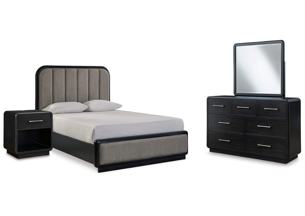 Rowanbeck Queen Upholstered Panel Bed, Dresser, Mirror and Nightstand