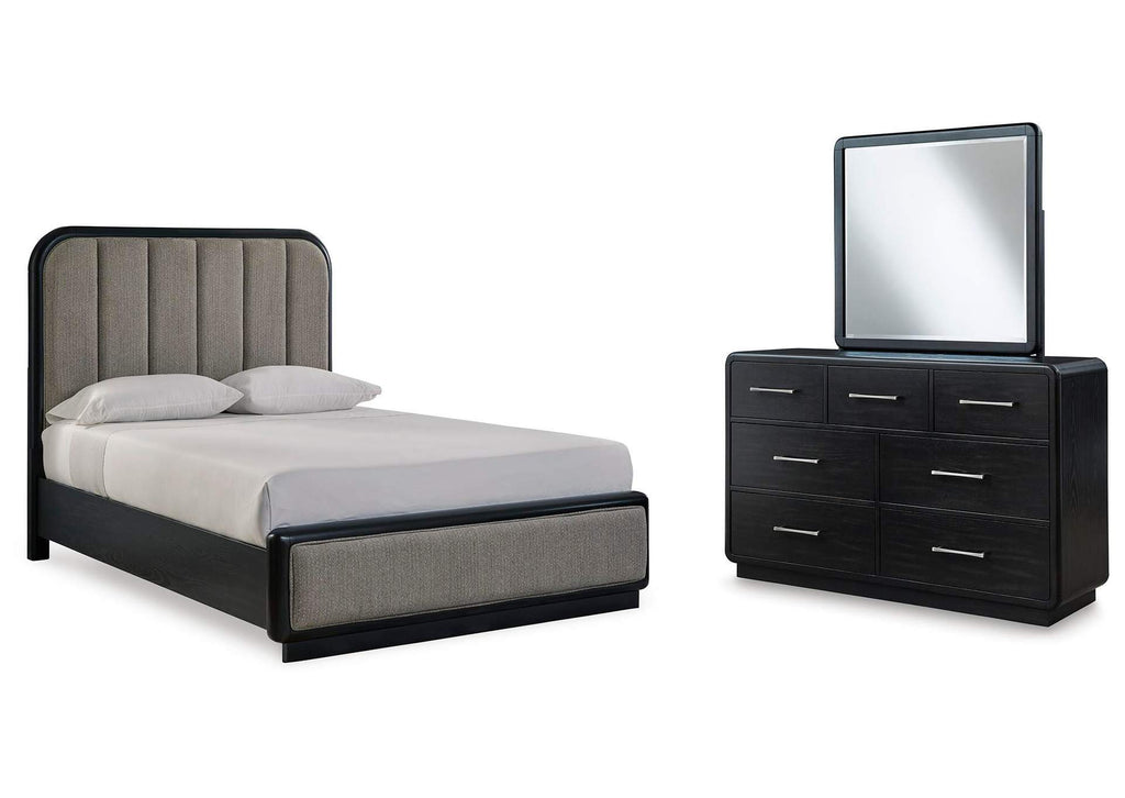 Rowanbeck Queen Upholstered Panel Bed with Mirrored Dresser