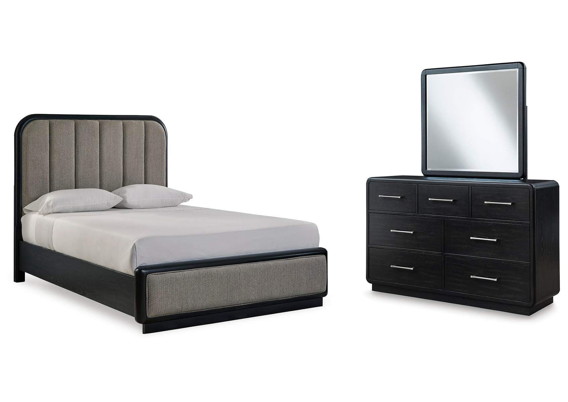 Rowanbeck Queen Upholstered Panel Bed with Mirrored Dresser