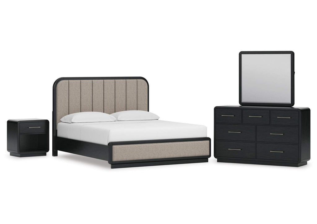 Rowanbeck California King Upholstered Panel Bed, Dresser, Mirror and Nightstand