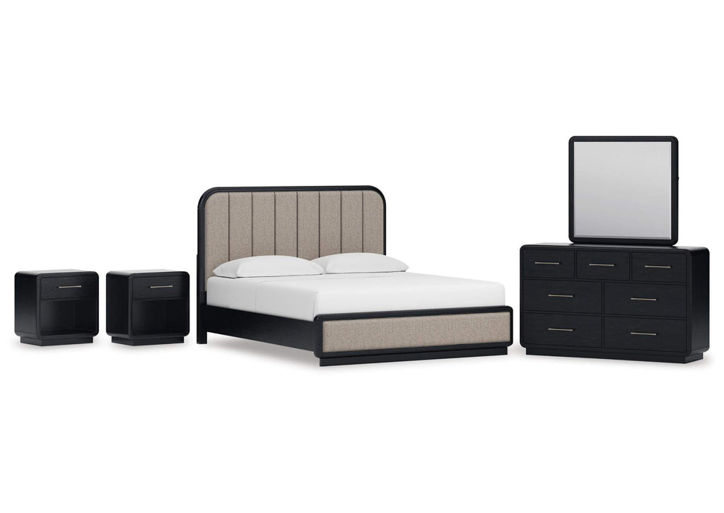 Rowanbeck California King Upholstered Panel Bed, Dresser, Mirror and 2 Nightstands