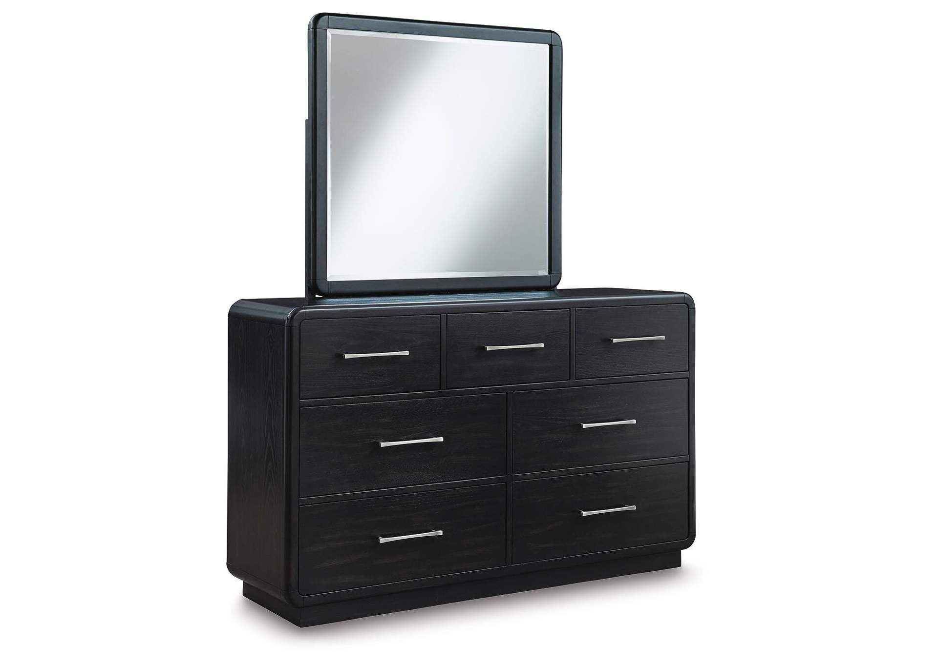 Rowanbeck King Upholstered Panel Bed, Dresser, Mirror, Chest and Nightstand angled view