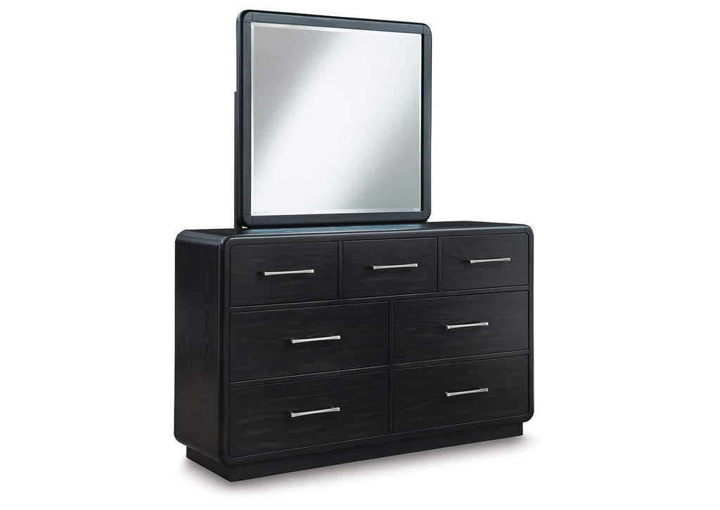 Rowanbeck King Upholstered Panel Bed, Dresser, Mirror and Chest angled view