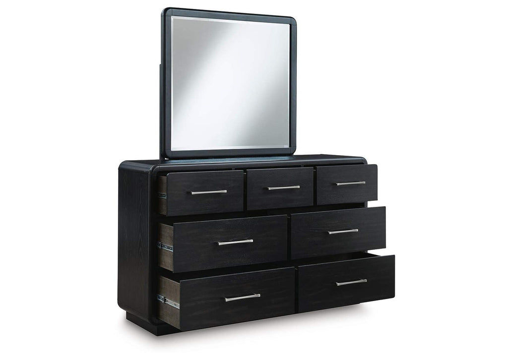 Rowanbeck California King Upholstered Panel Bed, Dresser, Mirror, Chest and 2 Nightstands angled view