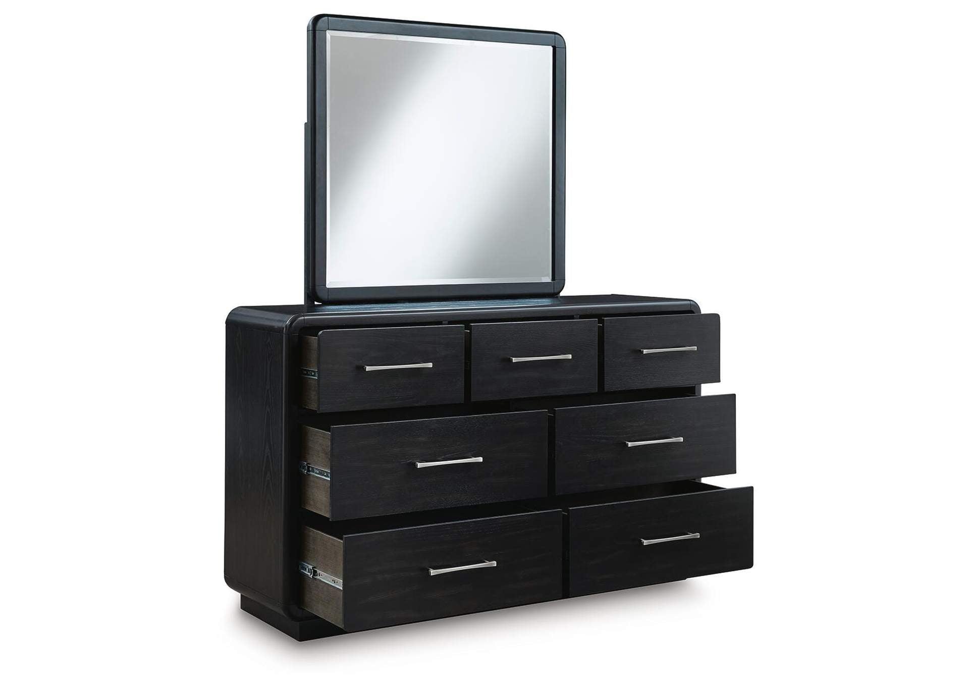 Rowanbeck California King Upholstered Panel Bed, Dresser, Mirror, Chest and 2 Nightstands angled view