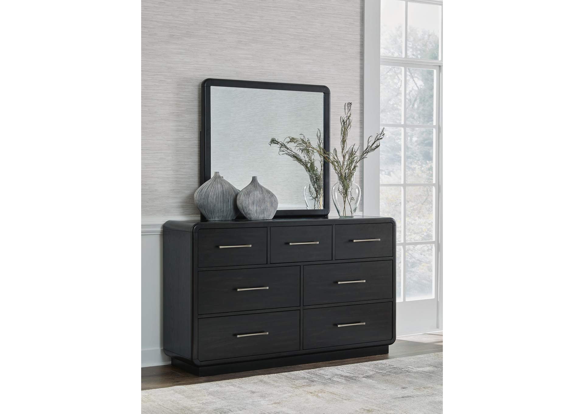 Rowanbeck Queen Upholstered Panel Bed, Dresser, Mirror and Nightstand