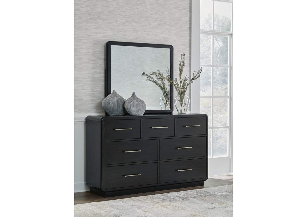 Rowanbeck California King Upholstered Panel Bed, Dresser, Mirror and Nightstand