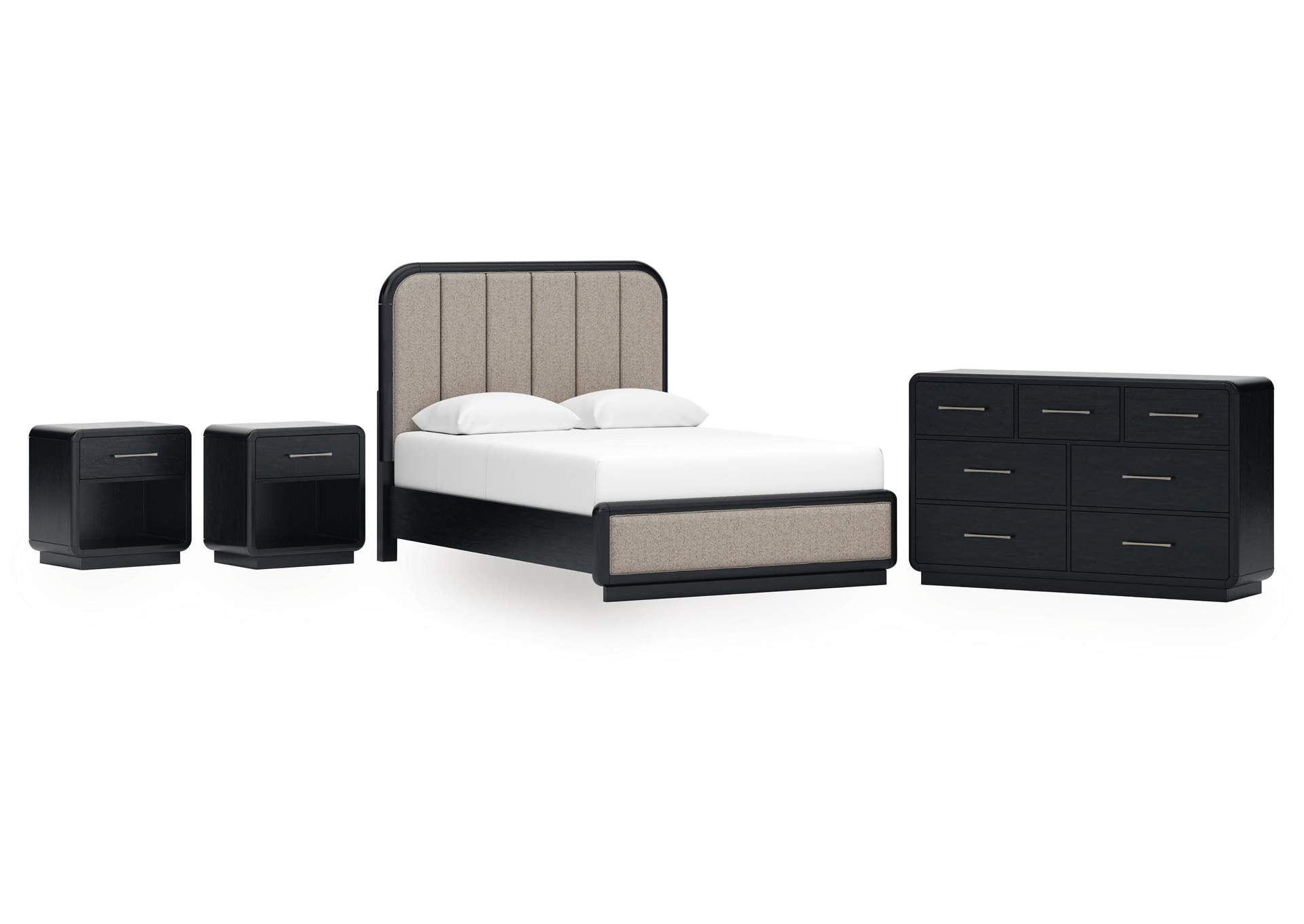 Rowanbeck Queen Upholstered Panel Bed, Dresser and 2 Nightstands