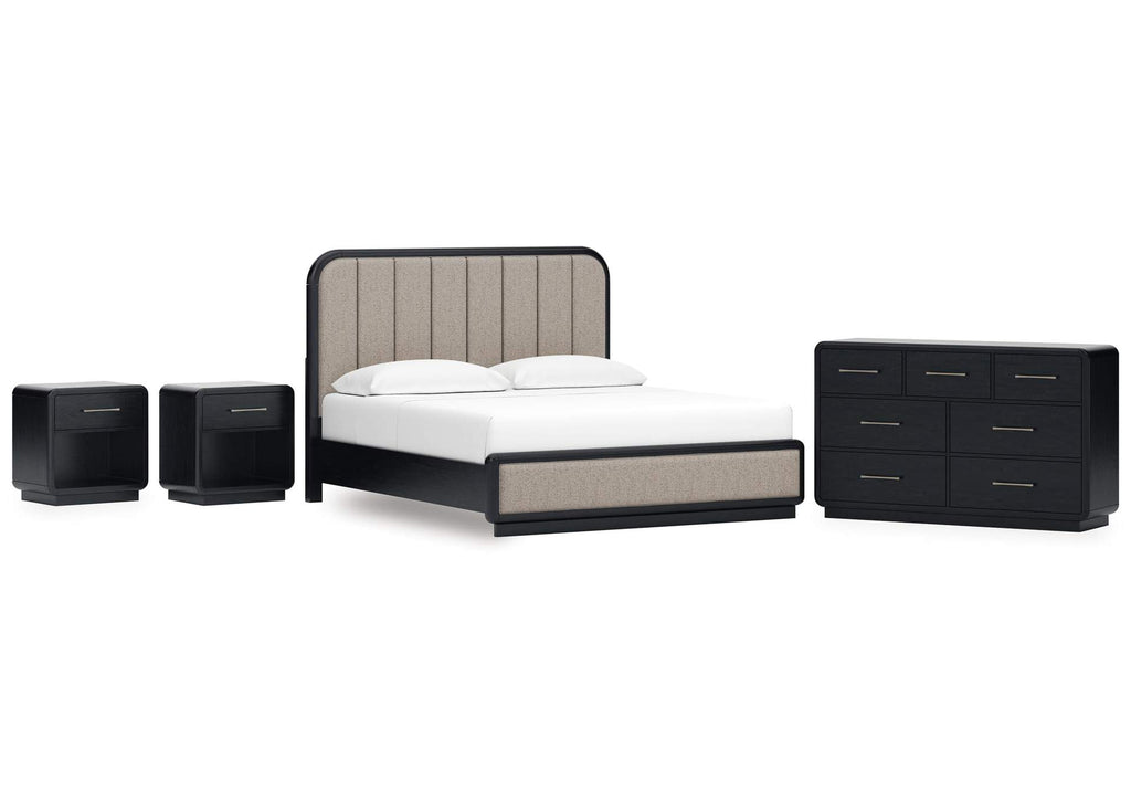 Rowanbeck King Upholstered Panel Bed, Dresser and 2 Nightstands