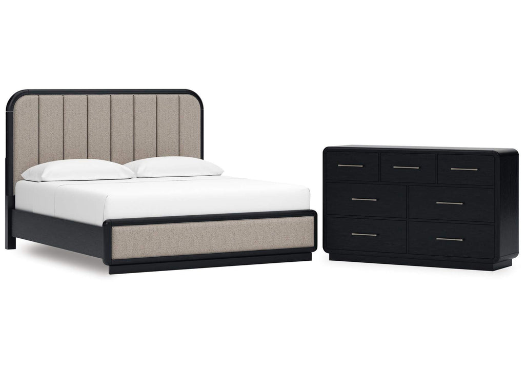 Rowanbeck King Upholstered Panel Bed and Dresser