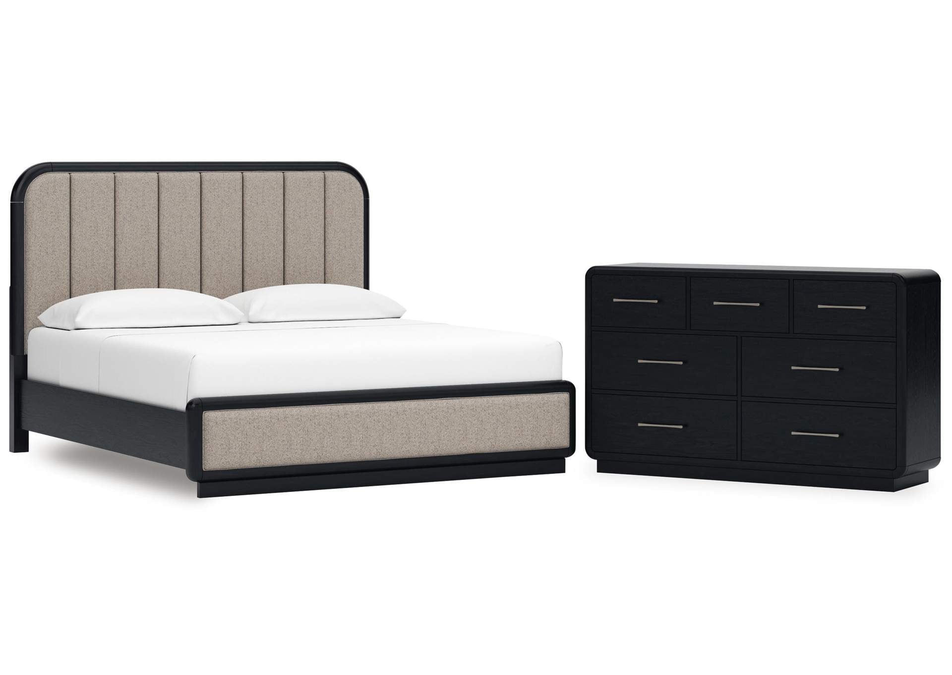 Rowanbeck King Upholstered Panel Bed and Dresser