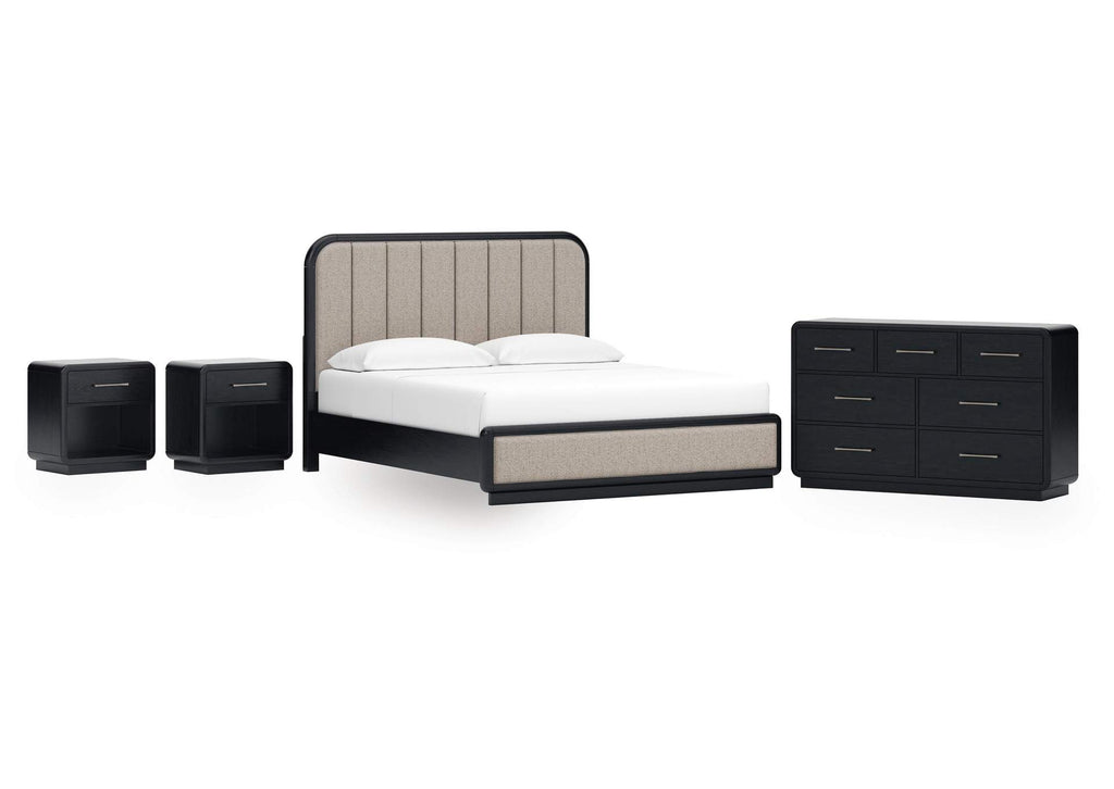 Rowanbeck California King Upholstered Panel Bed, Dresser and 2 Nightstands