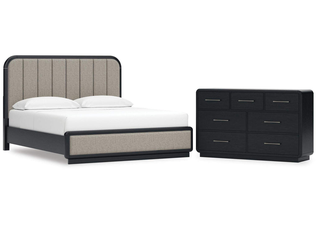 Rowanbeck California King Upholstered Panel Bed and Dresser
