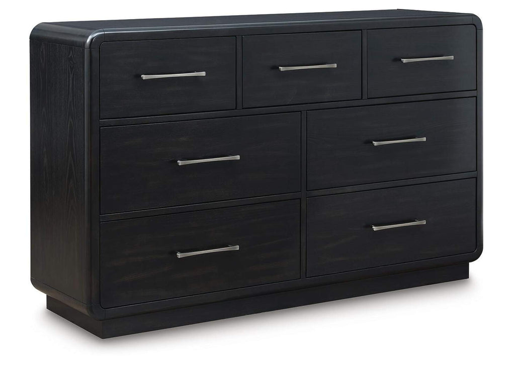 Rowanbeck Queen Upholstered Panel Bed with Dresser angled view