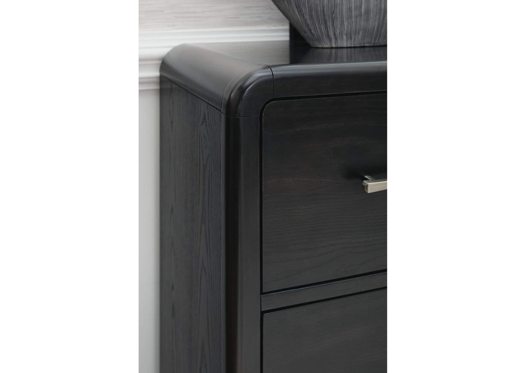 Rowanbeck King Upholstered Panel Bed, Dresser and Mirror detail
