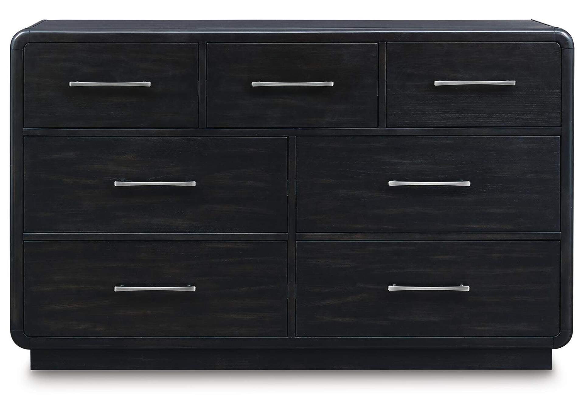 Rowanbeck Queen Upholstered Panel Bed, Dresser, Mirror and Nightstand front view
