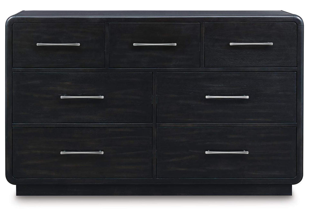 Rowanbeck California King Upholstered Panel Bed, Dresser and Mirror front view