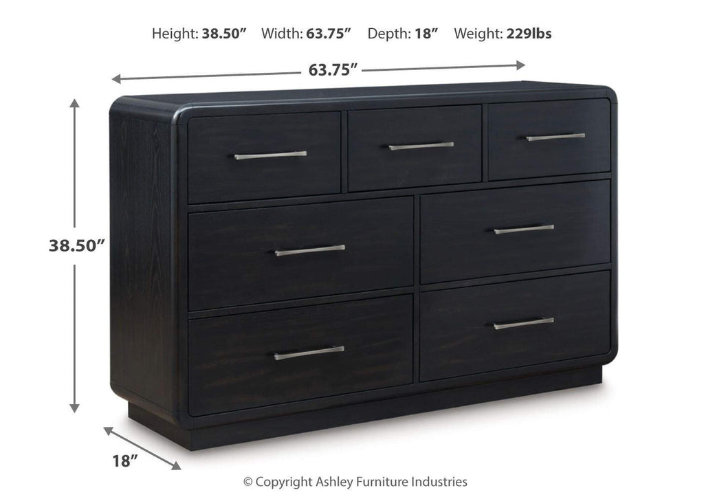 Rowanbeck California King Upholstered Panel Bed, Dresser and 2 Nightstands dimensions