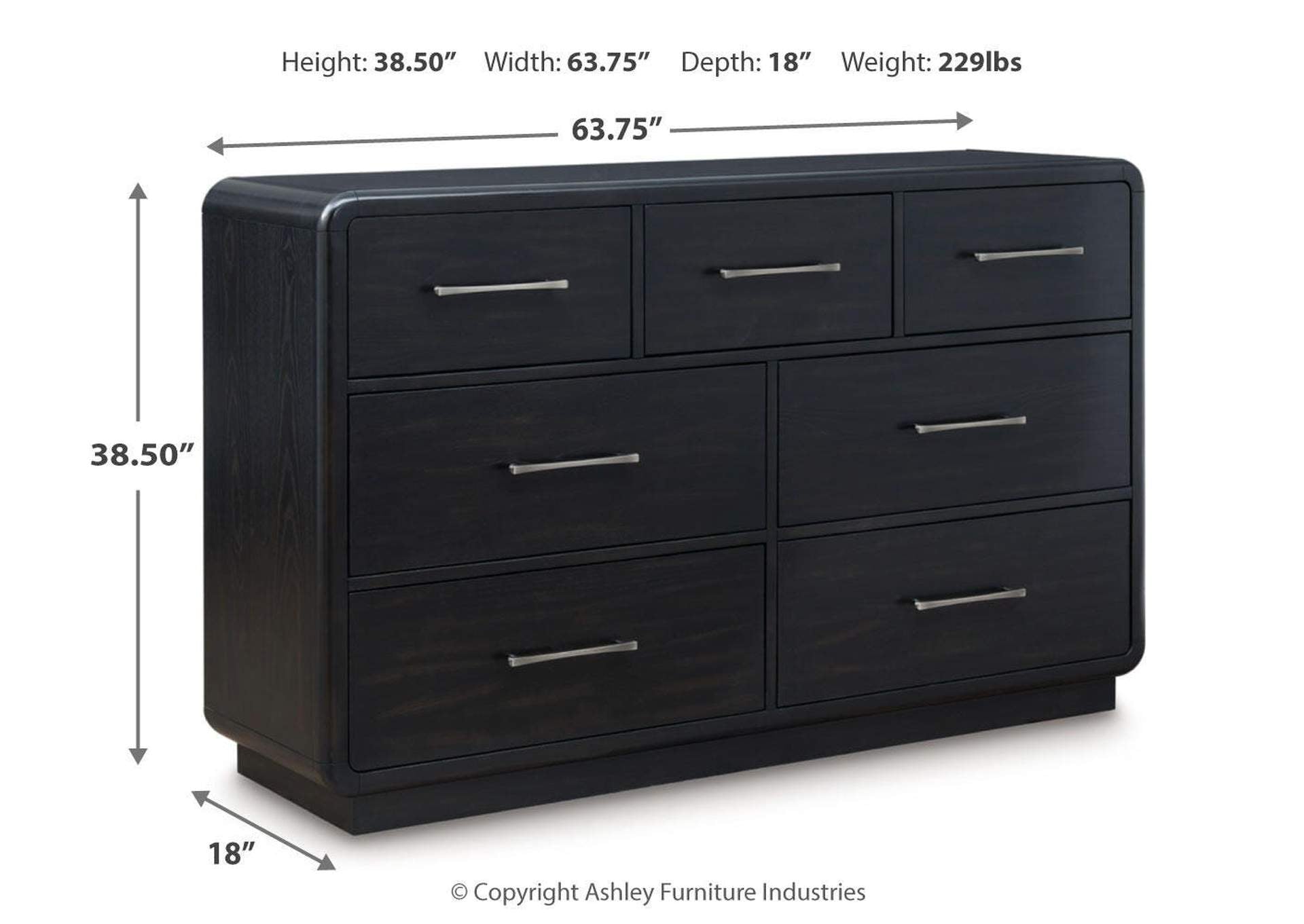 Rowanbeck California King Upholstered Panel Bed, Dresser and 2 Nightstands dimensions