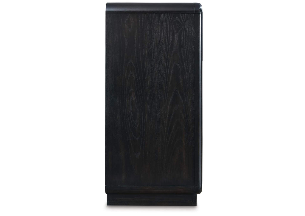 Rowanbeck King Upholstered Panel Bed and Dresser side view