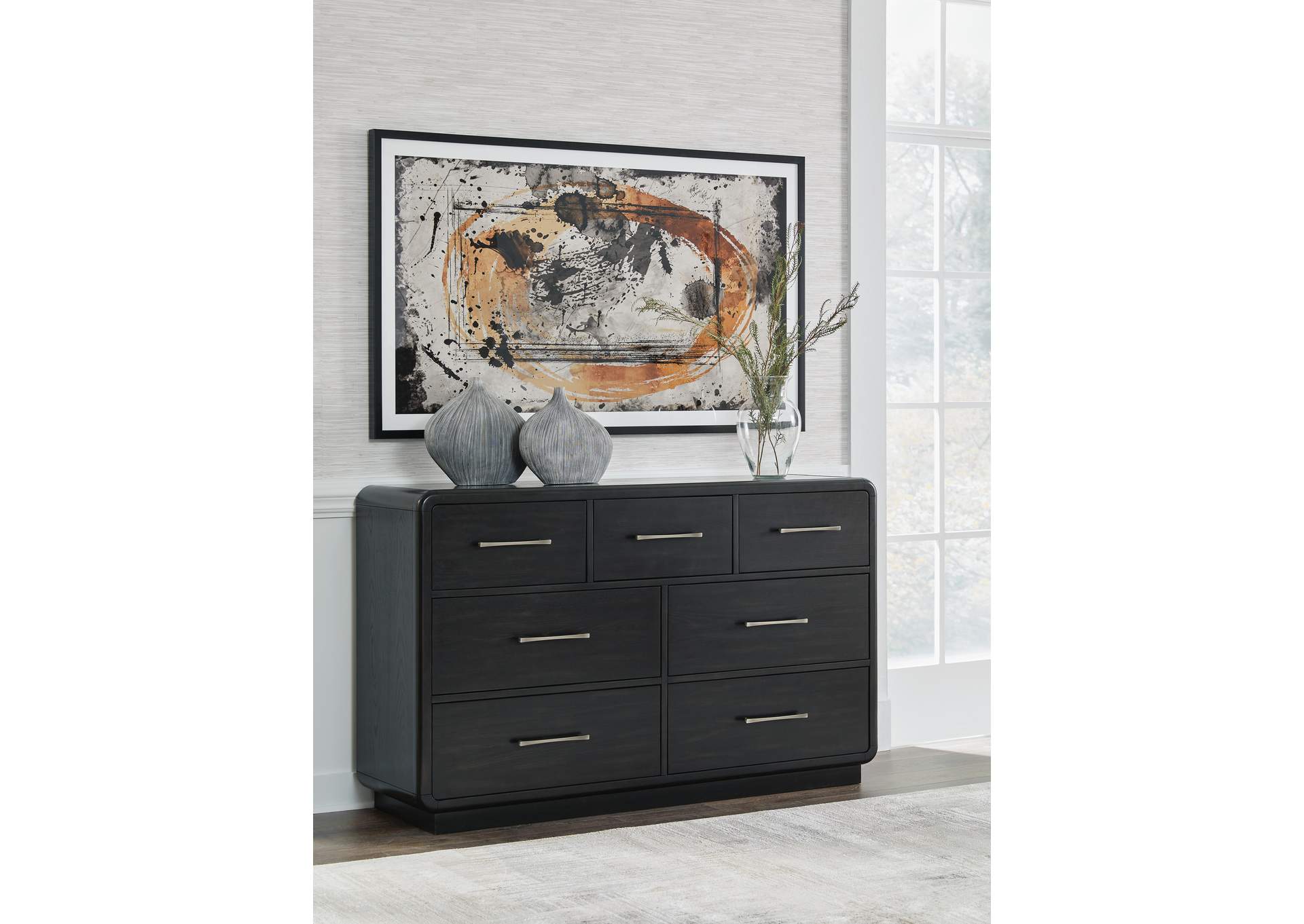Rowanbeck Queen Upholstered Panel Bed, Dresser and 2 Nightstands