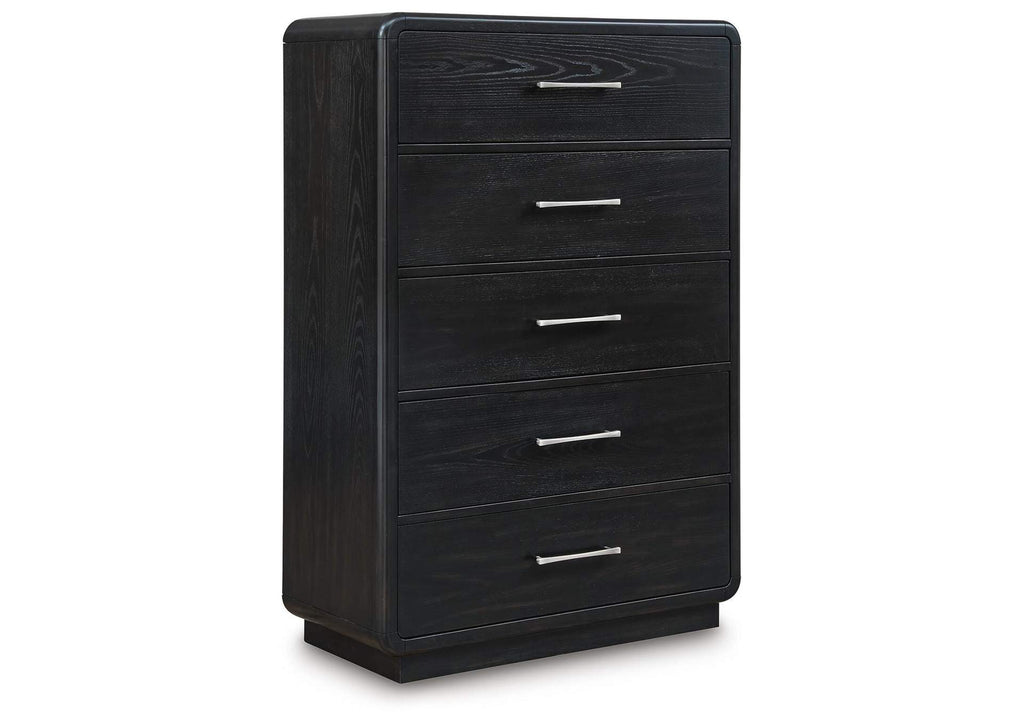 Rowanbeck Queen Upholstered Panel Bed, Dresser, Mirror, Chest and 2 Nightstands angled view