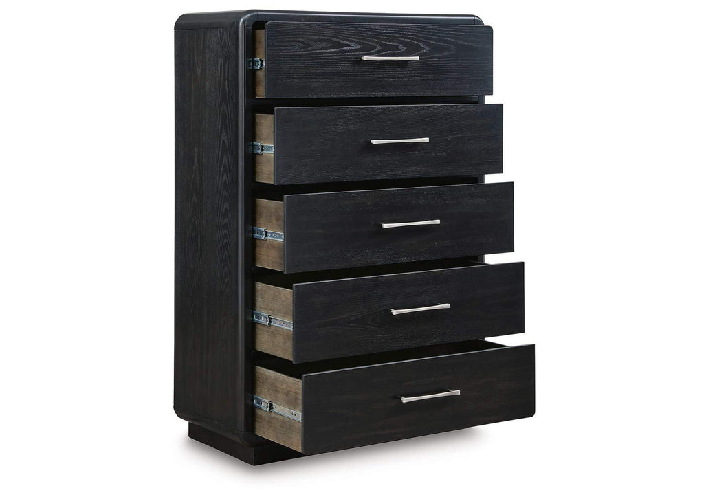 Rowanbeck King Upholstered Panel Bed, Dresser, Mirror, Chest and Nightstand angled view