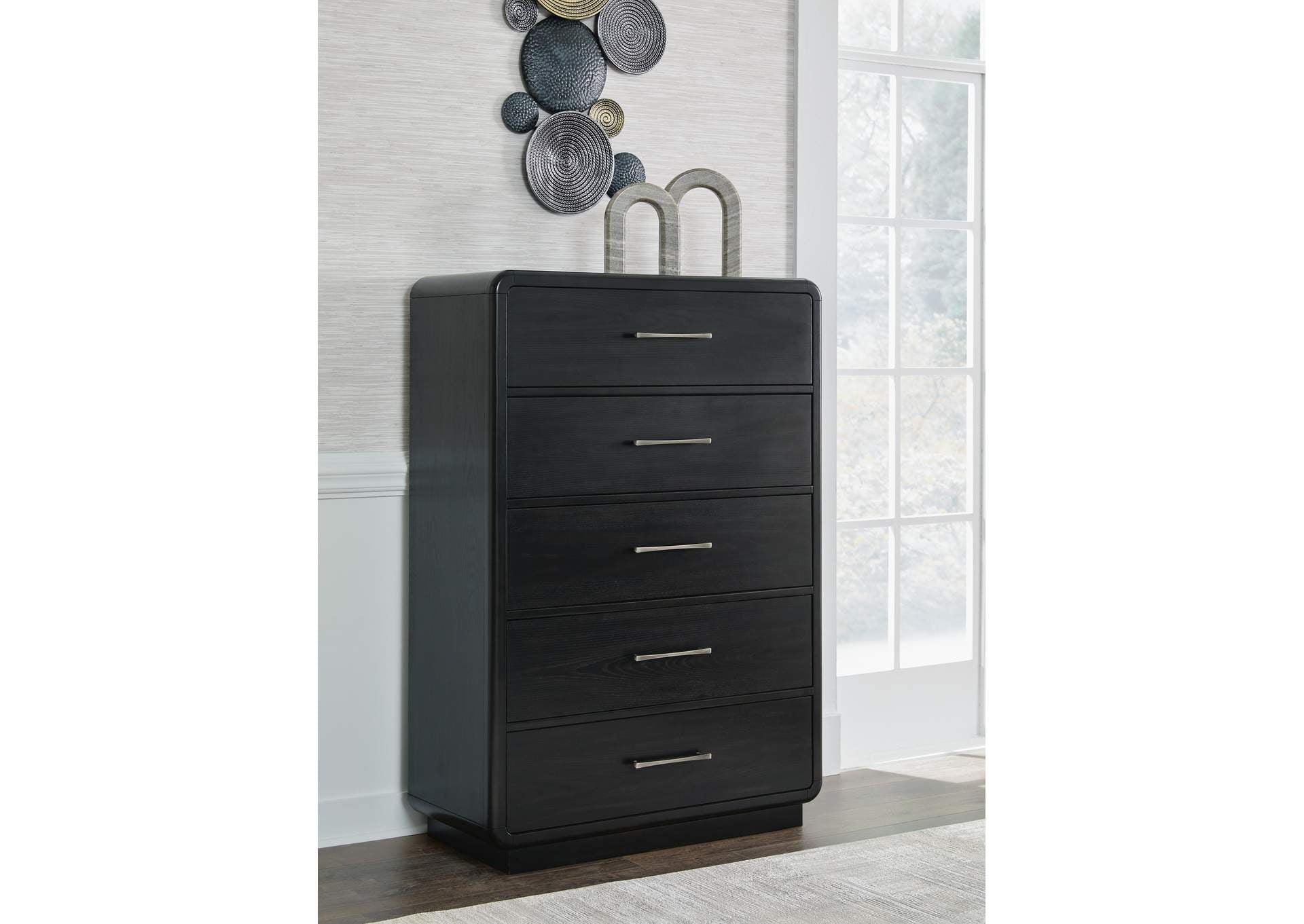 Rowanbeck King Upholstered Panel Bed, Dresser, Mirror and Chest