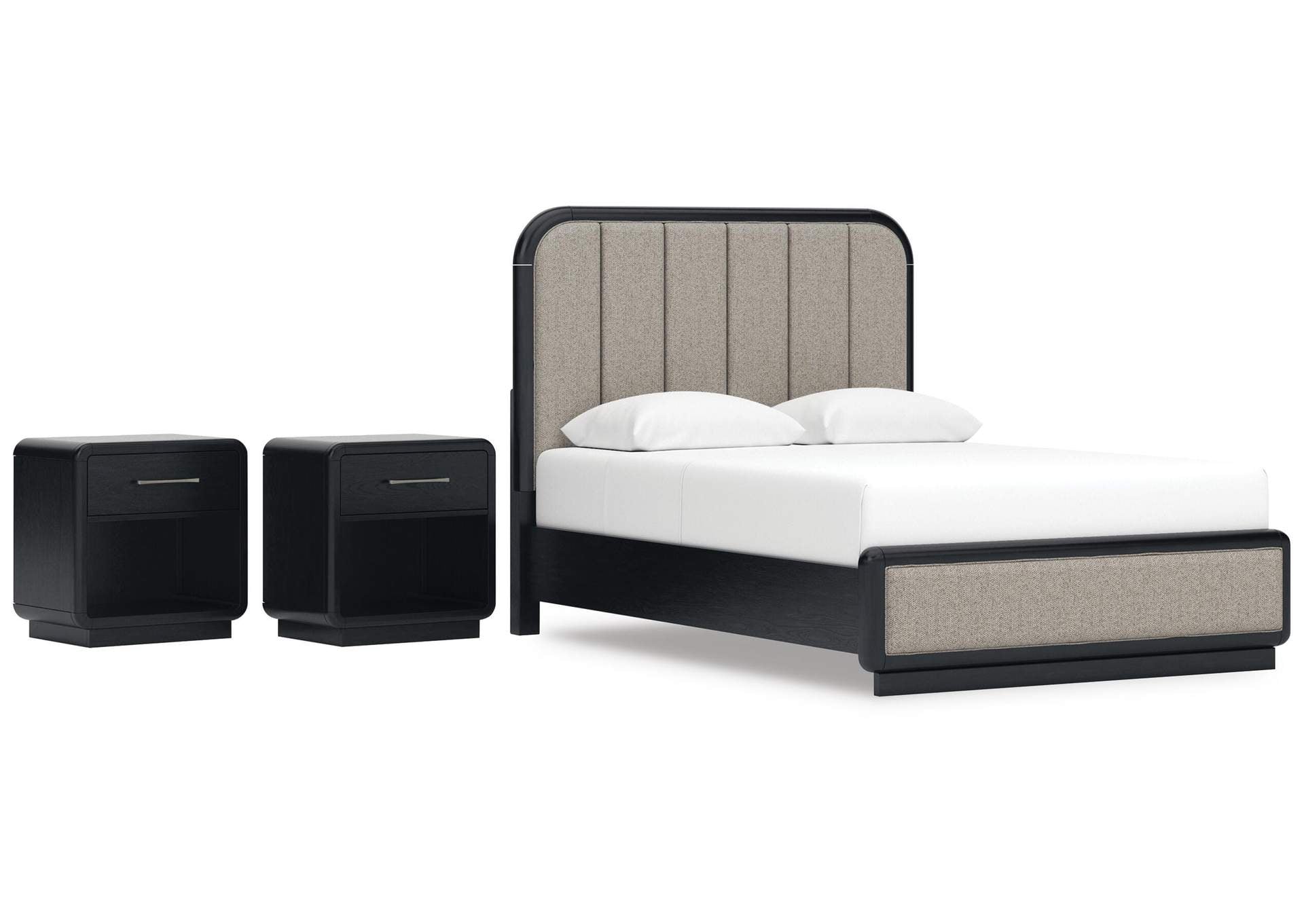 Rowanbeck Queen Upholstered Panel Bed and 2 Nightstands