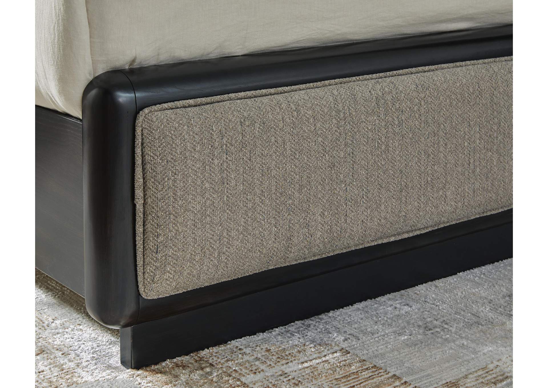 Rowanbeck King Upholstered Panel Bed with Mirrored Dresser detail