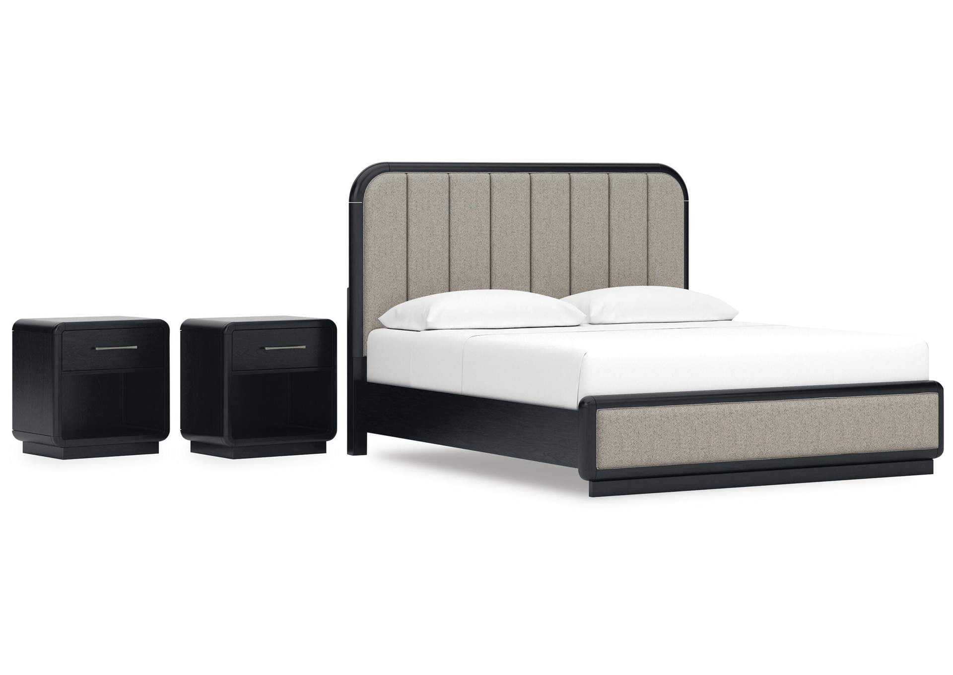 Rowanbeck King Upholstered Panel Bed and 2 Nightstands