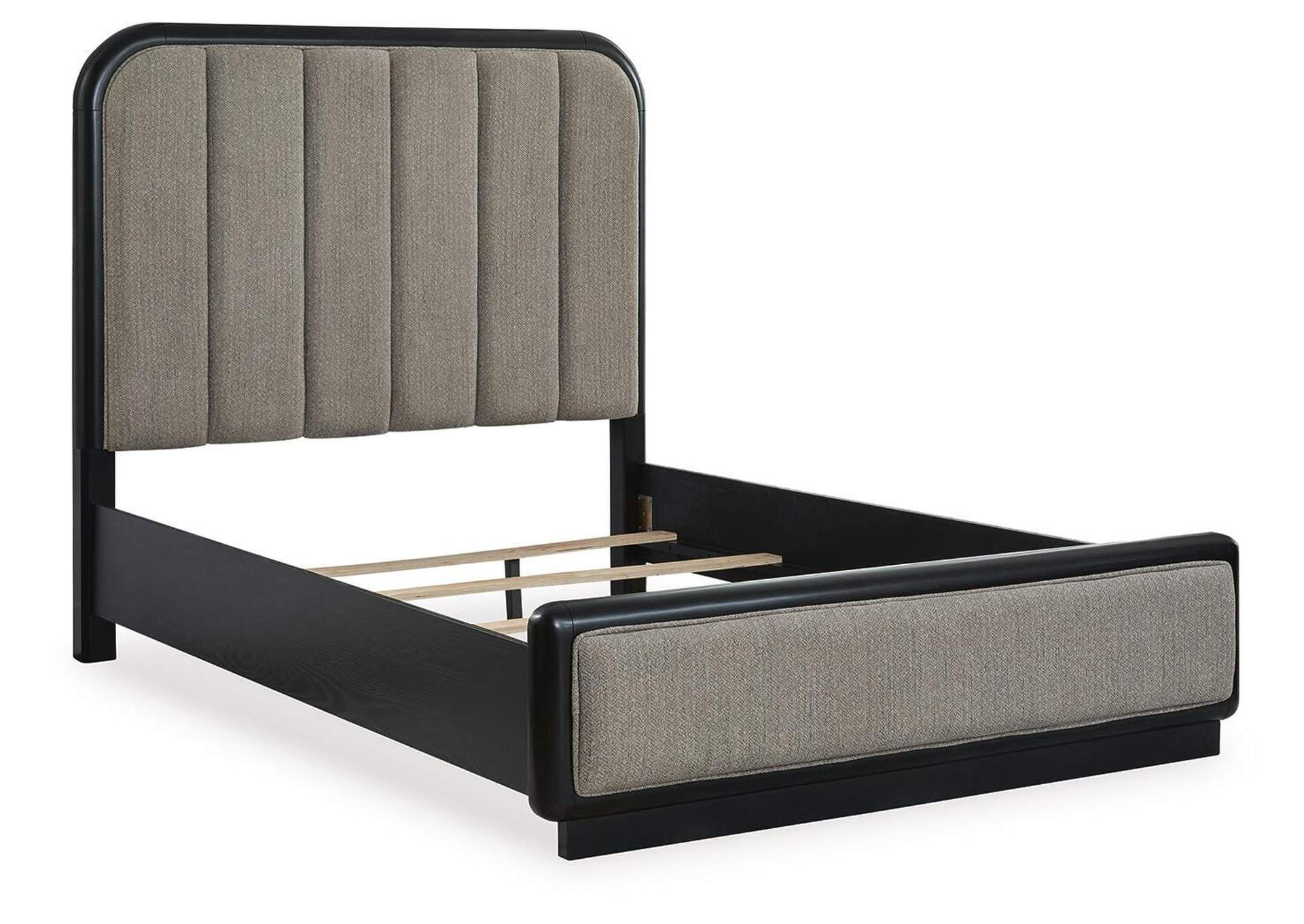 Rowanbeck Queen Upholstered Panel Bed with Mirrored Dresser, Chest and Nightstand angled view