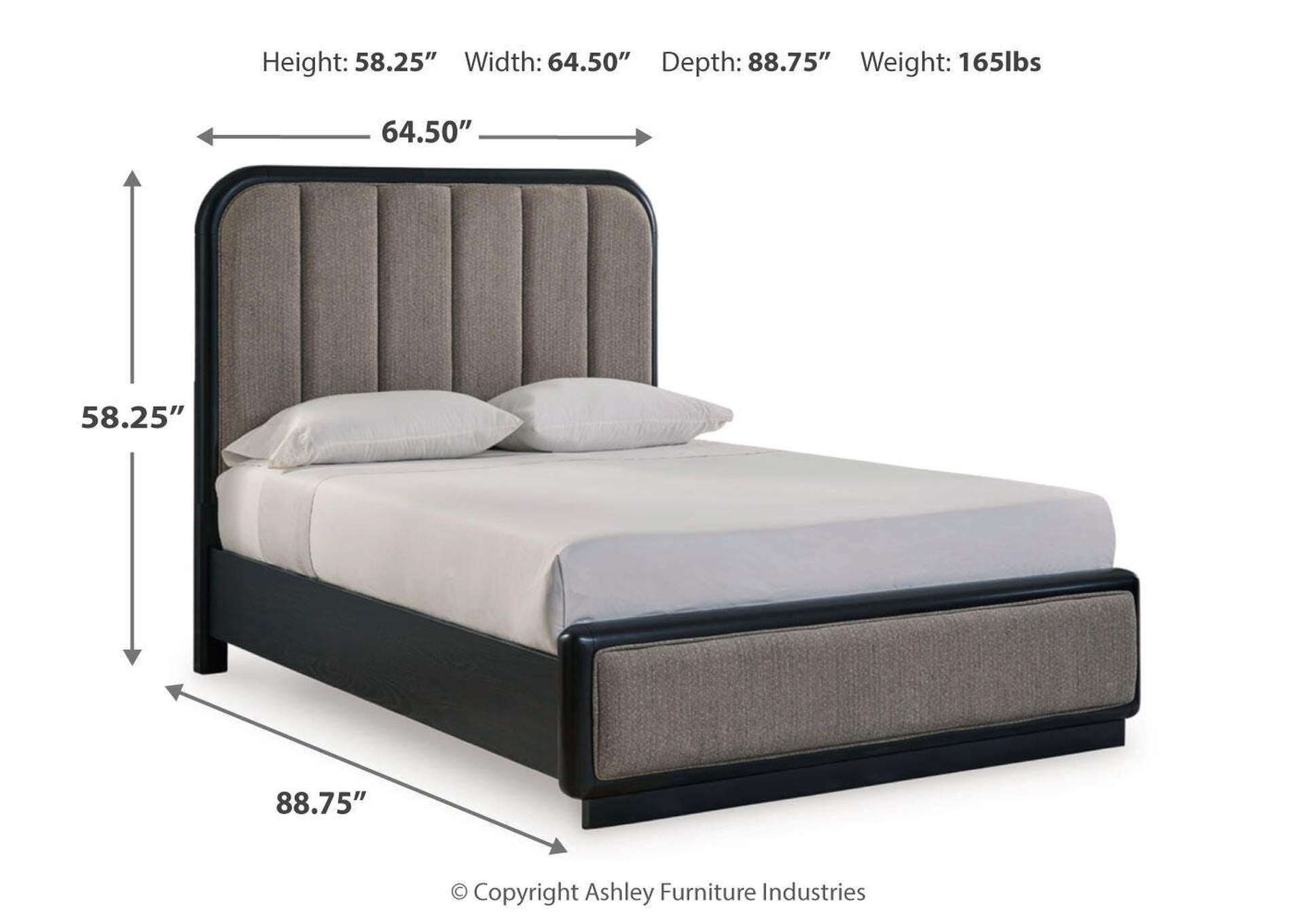Rowanbeck Queen Upholstered Panel Bed, Dresser, Mirror and Nightstand dimensions