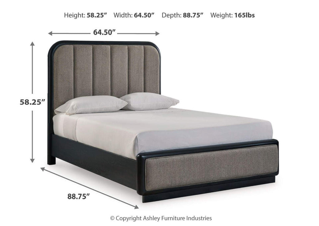 Rowanbeck Queen Upholstered Panel Bed, Dresser, Mirror, Chest and 2 Nightstands dimensions