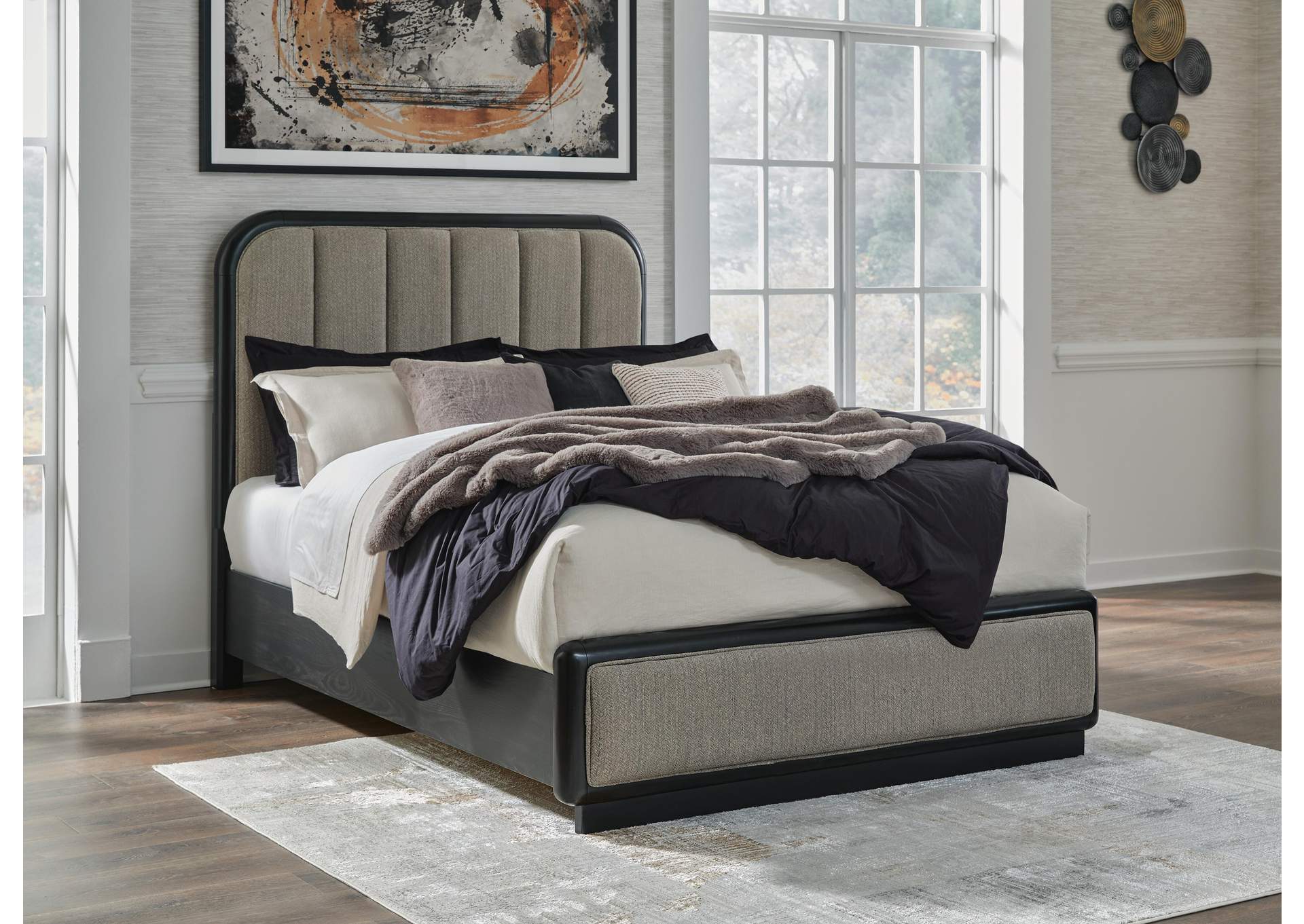 Rowanbeck Queen Upholstered Panel Bed, Dresser, Mirror and Nightstand